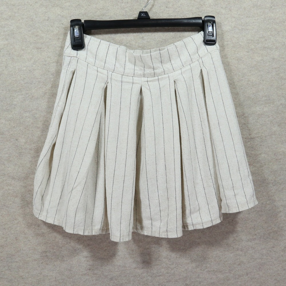 Love 83 Pleated Mini Skirt S Pinstripe Y2K Linen Blend Cream Black